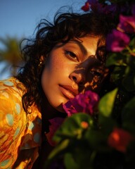 Close-Up Portrait of a Young Woman with Curly Hair and Freckles Among Bougainvillea Flowers in Golden Light, Capturing Natural Beauty and Wellness : Generative AI