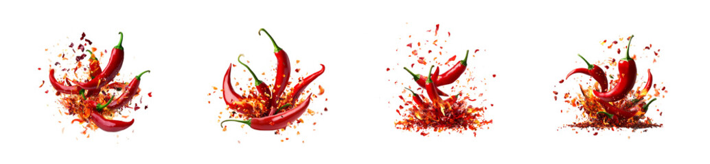 An eliment set of Red and hot Falling bursting chili peppers whith chili pawder on islated transfarent background, PNG.
