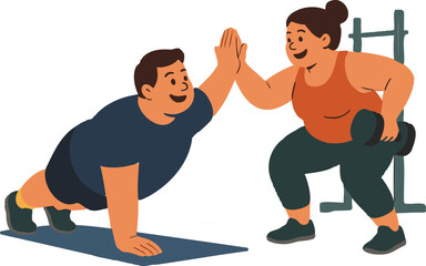 A plus-size man and woman doing partner exercises at the gym
