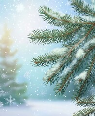A serene winter scene featuring a snow-covered evergreen branch in the foreground. with gently falling snowflakes and a soft. blurred green background suggesting a tranquil holiday atmosphere