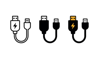 Vector USB to Micro USB Charging Cable Icons in Outline, Solid, and Color Styles