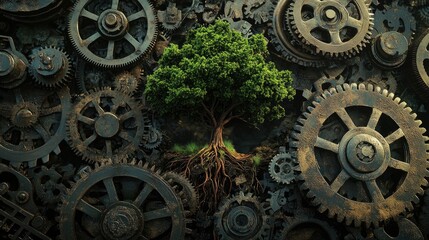 A small, lush green tree grows from a pair of interlocking wooden gears,