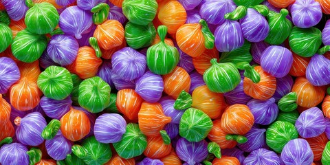 Colorful pattern of orange and purple decorative mini pumpkins with green stems