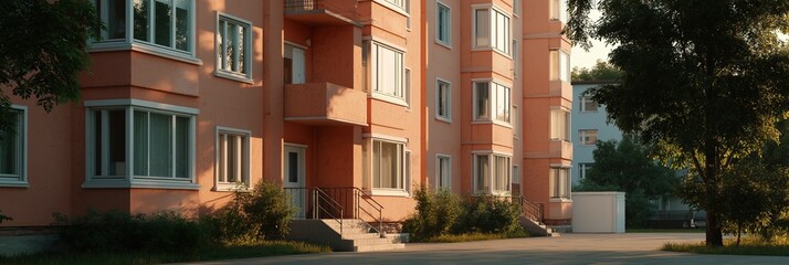 Obraz premium Sunlit urban residential building with trees and greenery in a quiet neighborhood