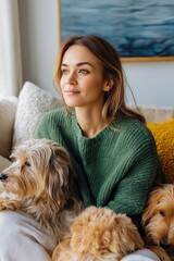 Young caucasian female relaxing with dogs on cozy sofa in sunlit room