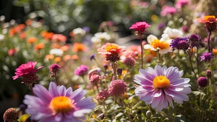 Colorful Cottage Garden Flowers &ndash; Blooming Wildflower Field in Summer Light