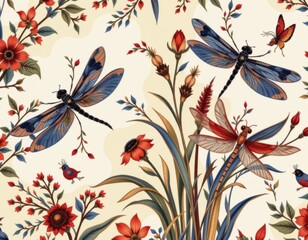 chinoiserie fabric print with stylized dragonflies and reeds