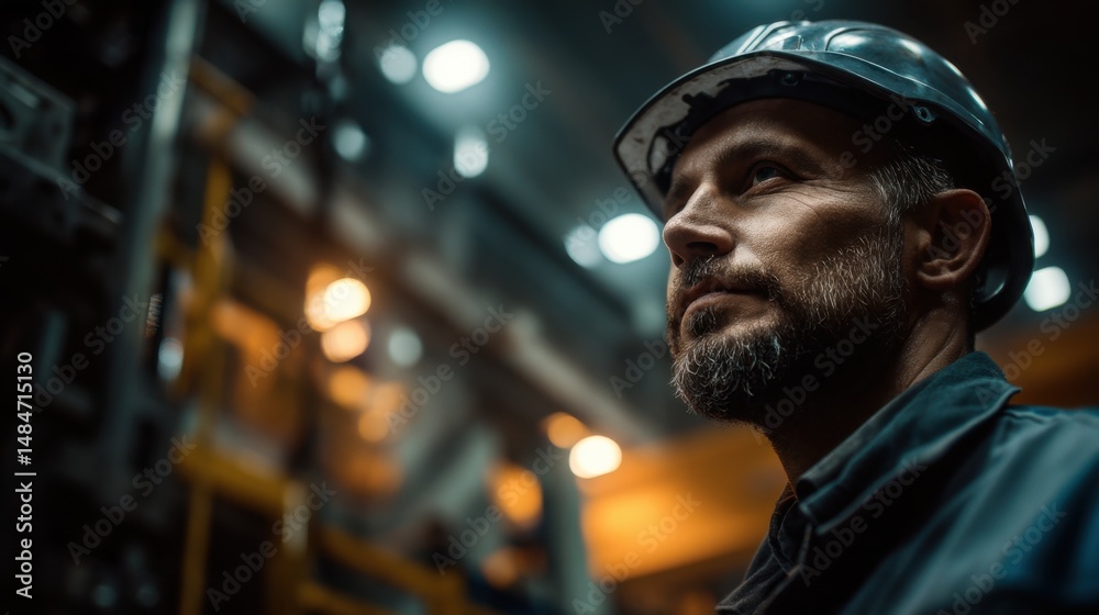 Aufkleber Close Up of Determined Man Wearing Hard Hat Looking Up in Factory Setting Symbolizing Industry Progress Future Vision and Dedicated Hard Work : Generative AI
