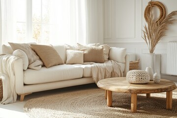 Modern living room with a cozy white sofa and wooden coffee table. featuring a spacious kitchen in the background. ideal for family gatherings and relaxation