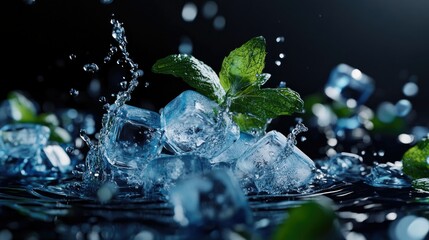 A close-up image featuring fresh green mint leaves intertwined with ice cubes,