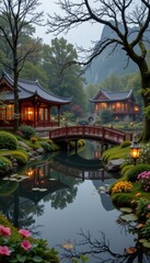 Fototapeta premium moss covered bridges and lantern lit pond, dreamy chinoiserie mood