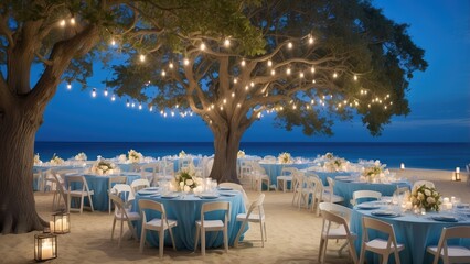 Obraz premium Romantic Beachfront Dining Under Tree Lights – Coastal Restaurant Ambience