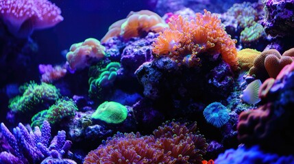 A vibrant underwater scene showcasing a coral reef teeming with life.