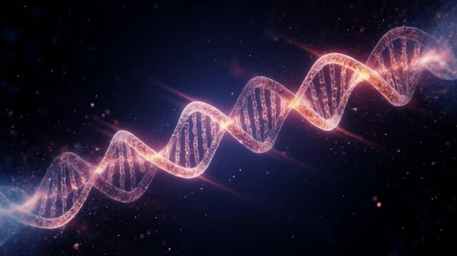 Abstract DNA helix with glowing effects rotating on dark background
