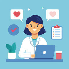 Female Doctor Working on Laptop with Positive Feedback and Checklist