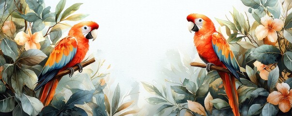 Colorful parrots perched among lush tropical leaves in a nature scene