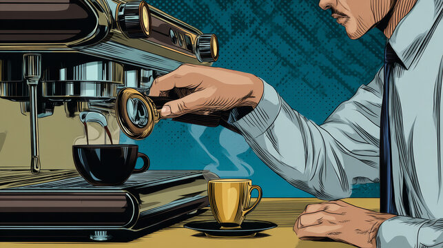Barista hot coffee pop art retro style. Cafe the waiter brought the drink
