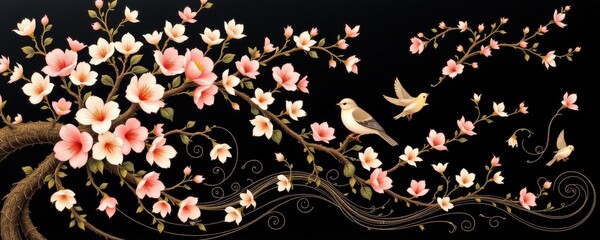 blossom draped fan design with birds and swirling lines