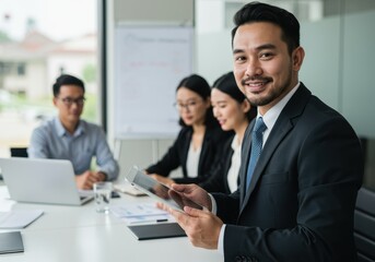 Obraz premium Smiling asian businessman holding a tablet during a meeting with colleagues in the office