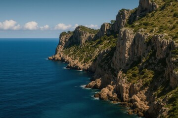 A breathtaking coastal view with rugged cliffs rising above the deep blue ocean, surrounded by lush greenery
