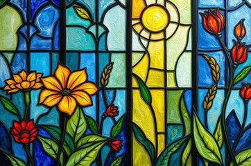 Colorful stained glass window. Botanical pattern. Multicolored interior design template.