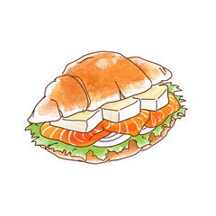 美味しそうなサーモンとカマンベールチーズのロールパンサンド　水彩風