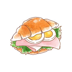 美味しそうなハムとたまごのロールパンサンド　水彩風