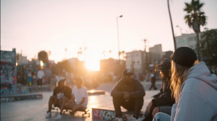 Diverse Group at Skate Park at Sunset Enjoying Community and Urban Culture, Representing Youthful Energy and Shared Interests : Generative AI