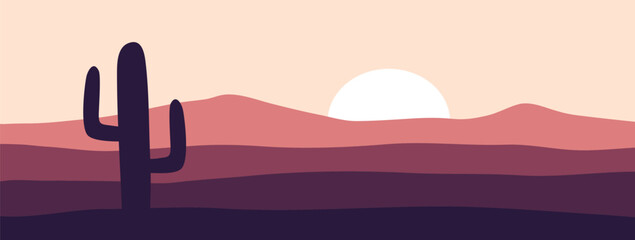 Cactus at sunset desert landscape. Cartoon flat design background vector illustration. Design for banner or social media template. © Hero Design