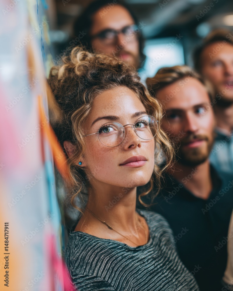 Aufkleber focused woman in glasses with diverse team looking up, representing teamwork collaboration innovatio