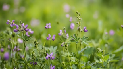 Fototapeta premium Vibrant Purple Vetch Flowers Blooming in a Lush Green Meadow Under Soft Natural Light