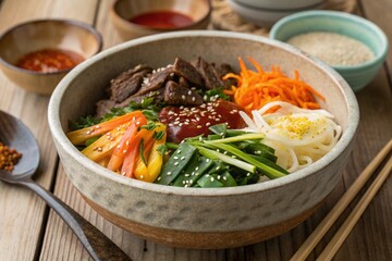 Delicious Traditional Korean Bibimbap Served in Traditional Bowl on Wooden Table