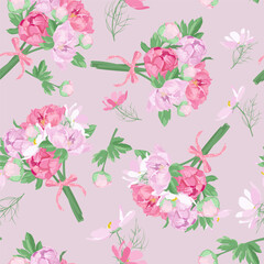 Seamless vector illustration with bouquets of pink peonies on a lilac background. For decorating textiles, packaging