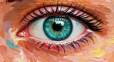Textured painted eye with a striking teal iris, blending warm tones in a creative close-up portrait.