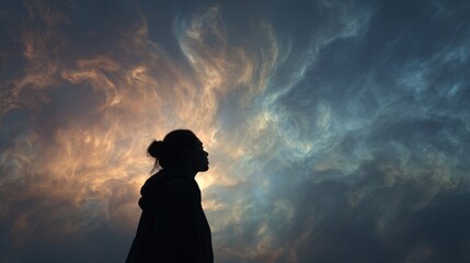 Silhouette of Woman Contemplating Dramatic Sky at Dusk, Evoking Serenity and Peaceful Reflection for Mental Wellness Content and Creative Inspiration : Generative AI