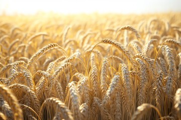 Golden wheat sways gently in a summer breeze under a clear sky. The field displays intricate details, inviting viewers to admire the beauty of nature's harvest