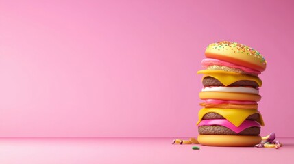 Colorful Stack of Playful Doughnuts on a Bright Pink Background