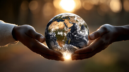 a globe held gently in two hands with the sun setting behind it, symbolizing unity, conservation, and environmental protection