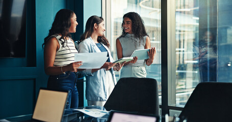 Women, tablet and business people in office, conversation and discussion for profit growth. Group,...