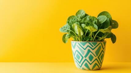 Fototapeta premium Vibrant Spinach Plant in Geometric Ceramic Pot Against a Bright Yellow Background