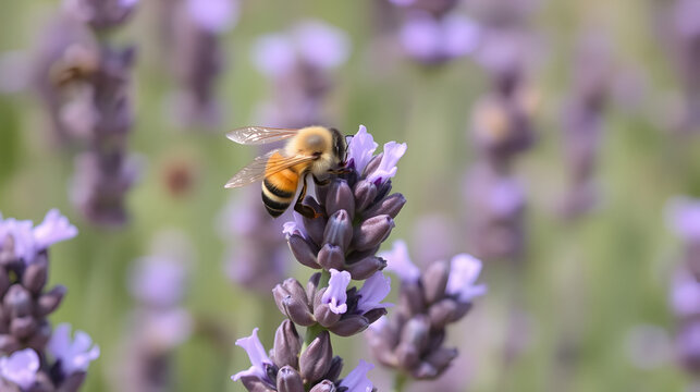 Honey bee pollinating lavender flowers. Plant decay with insects. Blurred summer background of lavender flowers with bees. Beautiful wallpaper. soft focus. Lavender Field