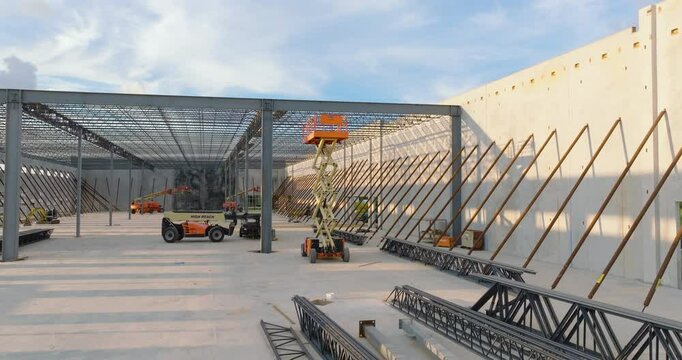 Construction works on commercial logistic center. Development of distribution infrastructure in America.