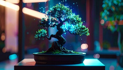 A miniature glowing bonsai tree magically illuminates a dark room
