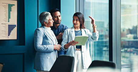Collaboration, colleagues and group with tablet, ideas and conversation for advertising campaign and online. Business, man and women with tech for marketing strategy, teamwork and discussion with app