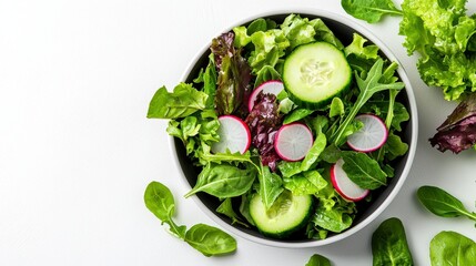 Fresh mixed green salad with sliced cucumber and radishes is displayed in a dark bowl on a bright white surface showing a healthy eating concept for a light lunch.