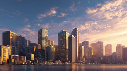 Fototapeta premium Modern city skyline with skyscrapers at sunset featu reflective glass buildings against colorful sky and waterfront view in urban landscape