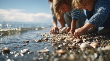 Children and Adult Exploring Seashells on a Sunny Beach Shoreline, Representing Childhood Curiosity Nature Discovery and Family Connection : Generative AI