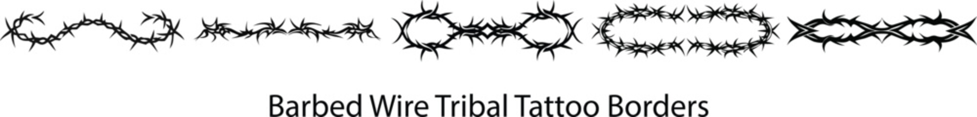 Barbed Wire Tribal Tattoo Borders. Black Ink Thorn Bracelet Design Elements for Armband Art, Vector Illustration, and Edgy Decoration