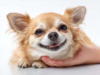 Obraz premium Cute tan chihuahua dog resting its head on a hand. The dog is light brown and has long hair. The dog is smiling and looks happy.