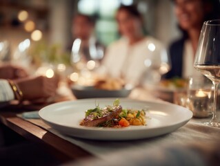 Close Up of a Gourmet Dish on a Plate at an Elegant Dinner Table with Blurred People in the Background, Capturing the Essence of Fine Dining and Social Gathering : Generative AI